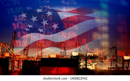 USA Handelskriegswirtschaft Konfliktbesteuerung Wirtschaftsfinanzierung / Vereinigte Staaten Börse Diagramm Geldkrise erhöht Steuern auf Containerschiff in Export Import Logistik