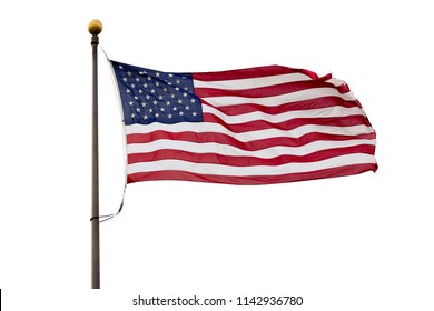 USA American Flag On A Pole Isolated On White Background On A Breezy Day