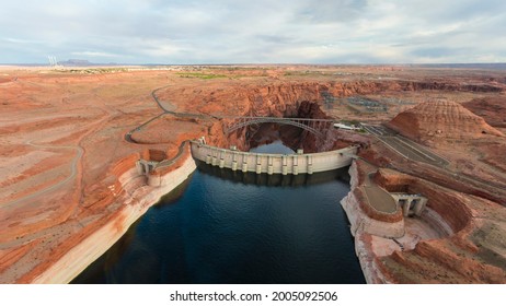 USA, Arizona. Aerial View Of The Glen Canyon Dam On Lake Powell.