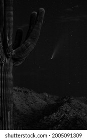 USA, Arizona, Buckeye. Comet Neowise Spews Trail Over White Tank Mountains And Desert.