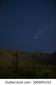 USA, Arizona, Buckeye. Comet Neowise Spews Trail Over White Tank Mountains And Desert.