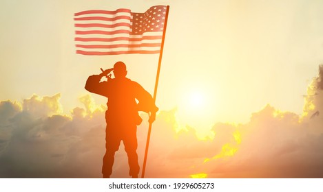USA army soldier with nation flag. Greeting card for Veterans Day , Memorial Day, Independence Day . America celebration. - Shutterstock ID 1929605273