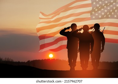 USA army soldiers saluting on a background of sunset or sunrise and USA flag. Greeting card for Veterans Day, Memorial Day, Independence Day. America celebration. 3D-rendering. - Powered by Shutterstock