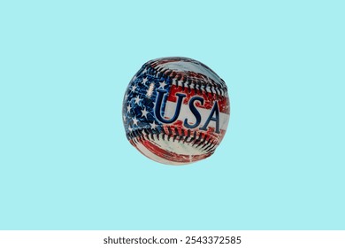 USA baseball decorated with American flag colors on light blue background. - Powered by Shutterstock