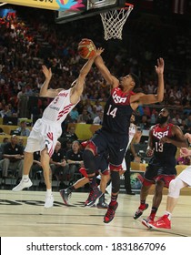 USA Basketball National Team, 31 August 2014 FIBA 2014 World Basketball Championship In Turkey Sinan Güler During The Match -US (5), James Harden (13), Anthony Davis (14) In The Game.