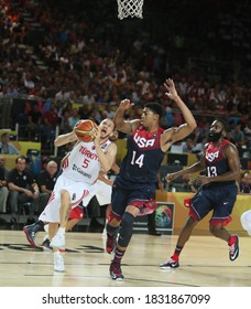 USA Basketball National Team, 31 August 2014 FIBA 2014 World Basketball Championship In Turkey Sinan Güler During The Match -US (5), James Harden (13), Anthony Davis (14) In The Game.