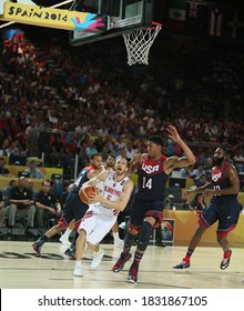 USA Basketball National Team, 31 August 2014 FIBA 2014 World Basketball Championship In Turkey Sinan Güler During The Match -US (5), James Harden (13), Anthony Davis (14) In The Game.