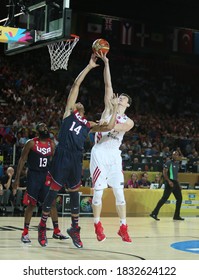 USA Basketball National Team, August 31, 2014 FIBA World Basketball Championship Turkey-USA Match Omer Asik (14), James Harden (13) Anthony Davis (14) In The Game.