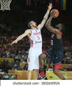 USA Basketball National Team, August 31, 2014 FIBA World Basketball Championship Turkey-US Match Sinan Guler Güler  (5), James Harden (13) In The Game Struggling.