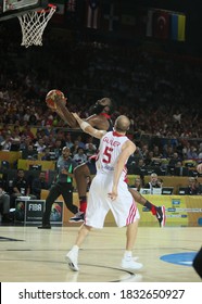 USA Basketball National Team, August 31, 2014 FIBA World Basketball Championship Turkey-US Match Sinan Guler Güler  (5), James Harden (13) In The Game Struggling.