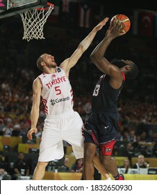 USA Basketball National Team, August 31, 2014 FIBA World Basketball Championship Turkey-US Match Sinan Guler Güler  (5), James Harden (13) In The Game Struggling.