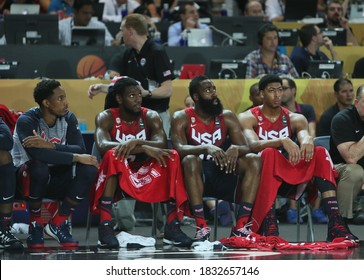 USA Basketball National Team, August 31, 2014 FIBA World Basketball Championship Turkey-US Match DeMarcus Cousins, Kenneth Faried, James Harden And Anthony Davis Sitting In The Bench.