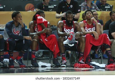 USA Basketball National Team, August 31, 2014 FIBA World Basketball Championship Turkey-US Match DeMarcus Cousins, Kenneth Faried, James Harden And Anthony Davis Sitting In The Bench.