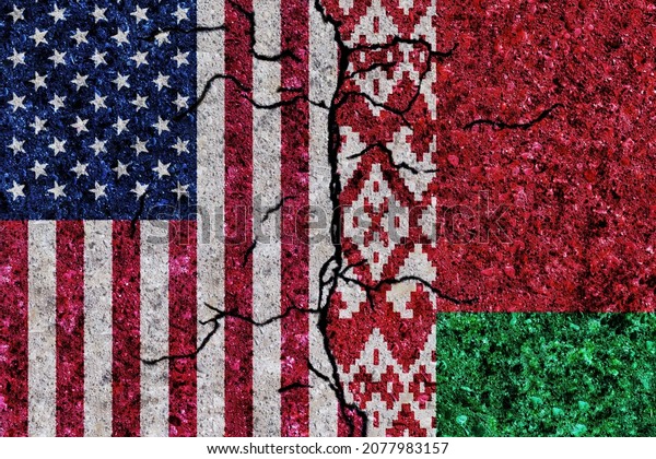 USA and\
Belarus painted flags on a wall with grunge texture. USA-Belarus\
conflict. USA-Belarus flags\
together