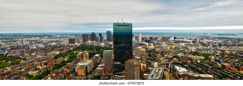 USA, Boston, Skyline, Skyscrapers, Roofs And Streets. July 8th, 2016. Panorama View At Downtown, Boston Common Park And Districts Of The City At Daytime, The Bird's Eye View.