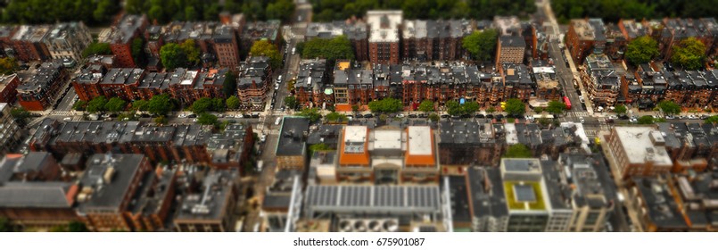 USA, Boston, Terraced Housing. Roofs And Streets. July 8th, 2016. Panorama View At Newbury Street Of Back Bay District In Uptown, The Bird's Eye View.