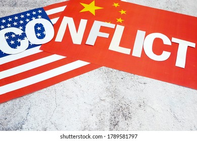 USA & China - Disagreement, US Of America And Chinese Flags. Relationship Conflict Between USA And China. Trade Deal Concept. Coronacrisis