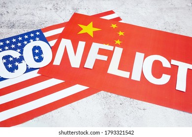 USA & China - Disagreement, US Of America And Chinese Flags. Relationship Conflict Between USA And China. Trade Deal Concept