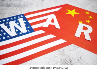 USA And China - Disagreement, US Of America And Chinese Flags. Relationship Conflict Between USA And China. Trade Deal, Closeup