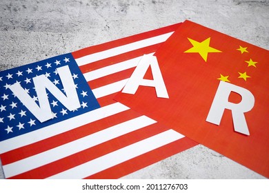 USA And China - Disagreement, US Of America And Chinese Flags. Relationship Conflict Between USA And China. Trade Deal Concept