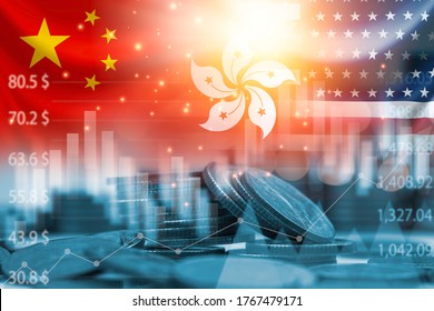 USA China And Hong Kong Flag On Coins Stacking .It Is Symbol Of Economic Crisis During Tensions From Protests In Hong Kong And USA China Tariff Trade War Between United States Of America And China.