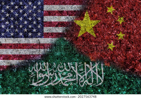 USA, China and Saudi Arabia flags painted on grunge\
texture wall