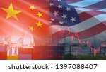 USA and China trade war economy conflict tax business finance money / United States raised taxes on imports of goods from China on Container ship in export and import logistics background