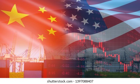 USA and China trade war economy conflict tax business finance money / United States raised taxes on imports of goods from China on Container ship in export and import logistics background - Shutterstock ID 1397088407