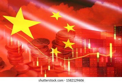 USA And China Trade War Economy Recession Conflict Tax Business Finance Money Coins / United States Raised Taxes On Imports China On Industry In Export And Import Logistics Tariffs And Stock Chart 