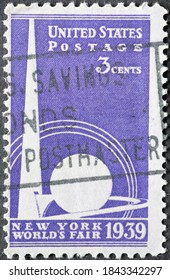 USA - Circa 1939: A Postage Stamp Printed In The US Showing The Trylon And Perisphere Text: New York World's Fair 1939