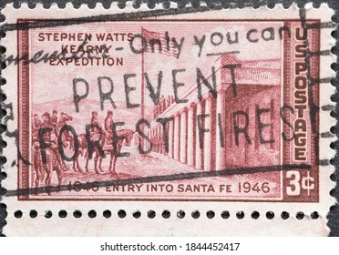 USA - Circa 1946: A Postage Stamp Printed In The US Showing The Raising Of The American Flag Above The Governor’s Palace In Santa Fe, New Mexico, In 1846. Kearny Expedition