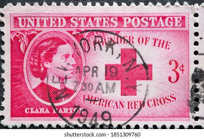 USA - Circa 1948 : A Postage Stamp Printed In The US Showing The Stamp Pictures Clara Barton And Red Cross Symbol. Text: Founder Of The American Red Cross