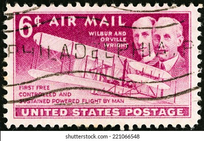 USA - CIRCA 1949: A Stamp Printed In USA Issued For The 46th Anniversary Of Wright Brothers' First Flight Shows Wright Brothers And Wright Flyer I Plane, Circa 1949. 