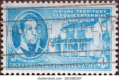 USA - Circa 1950 : A Postage Stamp Printed In The US Showing  A Portrait Of William Henry Harrison Text: Indiana Territory Sesquicentennial. The First Capitol