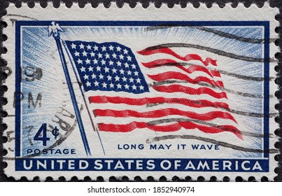 USA - Circa 1957 : A Postage Stamp Printed In The US Showing The First US Flag With Old Glory 48 Stars Text: Long May It Wave