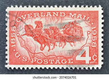 USA - Circa 1958 : Cancelled Postage Stamp Printed By USA, That Shows Mail Coach And Map Of Southwest U.S., Circa 1958.