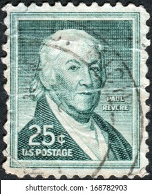 USA - CIRCA 1958: Postage stamp printed in USA, shows a portrait of American silversmith, early industrialist, and a patriot in the American Revolution, Paul Revere, circa 1958