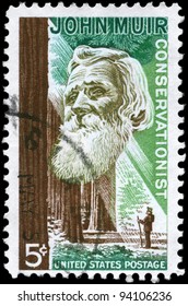 USA - CIRCA 1964: A Stamp Printed In USA Shows The Portrait Of A John Muir (1838-1914), Naturalist And Conservationist And Redwood Forest, Circa 1964