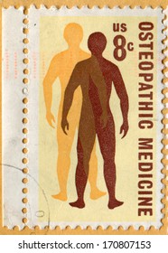 USA- CIRCA 1972: Postage Stamp Printed In United States Of America Shows ManÃ¢Â?Â?s Quest For Health. Osteopathic Medicine. Scott Catalog A883 1469 8c Yellow, Orange, Brown, Circa 1972 