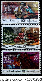 USA - CIRCA 1975 : Post Stamps Printed In The USA Shows The Americans Salem Poor,Haym Salomon And Sybil Ludington, Series Contributors To The Cause Circa 1975