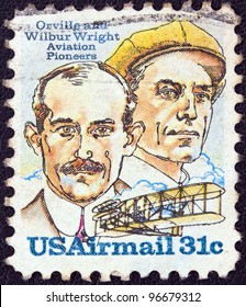 USA - CIRCA 1978: A Stamp Printed In USA Issued For The 75th Anniversary Of First Powered Flight Shows Wright Brothers And Wright Flyer I Plane, Circa 1978.