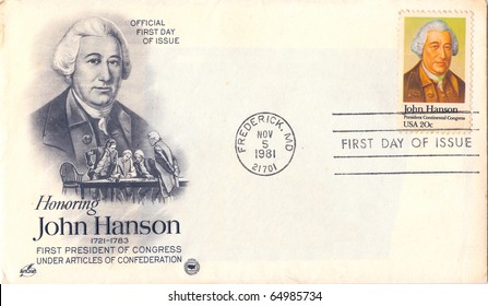 USA - CIRCA 1981: An Old Envelope And Stamp Showing Portrait Of John Hanson With Inscription 