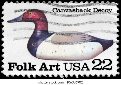 USA - CIRCA 1985: A Stamp printed in USA shows the Canvasback Decoy, American Folk Art series, Duck Decoys, circa 1985