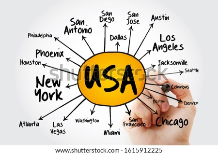 USA cities mind map flowchart with marker, travel business concept for presentations and reports