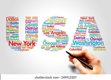 USA, Cities Names Word Cloud Travel Concept