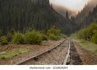 USA, Colorado, San Juan Mountains. Railroad Tracks Head Into Forested Mountains.