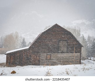 USA, Colorado, Steamboat Springs. Wooden Barn In Snowstorm.