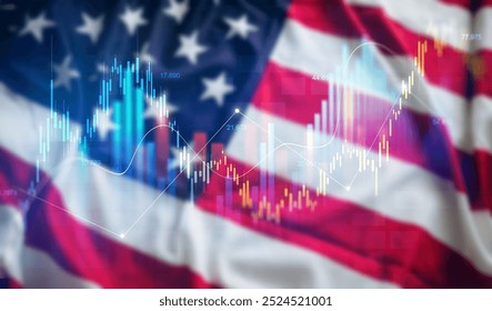 USA development economy and investment.Virtual financial analysis graph hologram on USA flag development. - Powered by Shutterstock