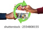 USA Dollars British Pounds Sterling currencies pairing conversion exchange rate. Two black African hands with green arrows exchanging money 