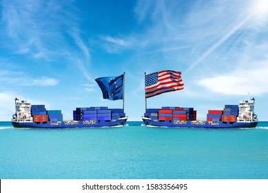 USA and EU trade war concept. Two cargo container ships with the European Union and United states of America flag, in a turquoise sea with blue sky, clouds and sun rays